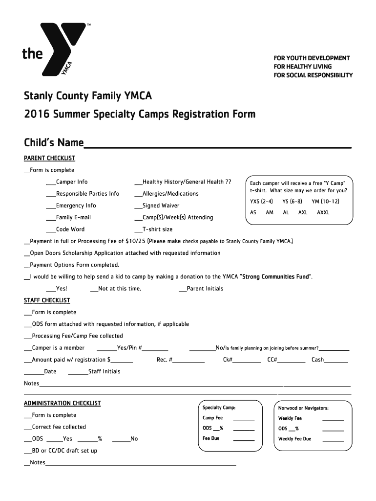 Fillable Online stanlycountyymca Specialty Camp Registration Stanly
