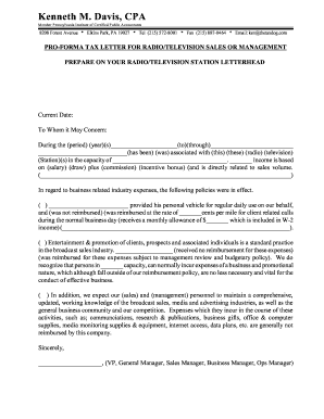 Com PROFORMA TAX LETTER FOR RADIO/TELEVISION SALES OR MANAGEMENT PREPARE ON YOUR RADIO/TELEVISION STATION LETTERHEAD Current Date: To Whom it May Concern: During the (period) (year)(s) (to)(through) (has been) (was) associated with (this)
