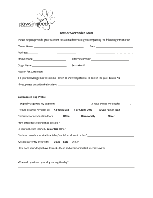 Fillable Online Owner Surrender Form - Paws in Need Animal Rescue Fax ...