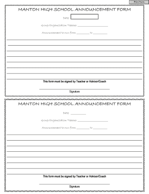 MANTON HIGH SCHOOL ANNOUNCEMENT FORM