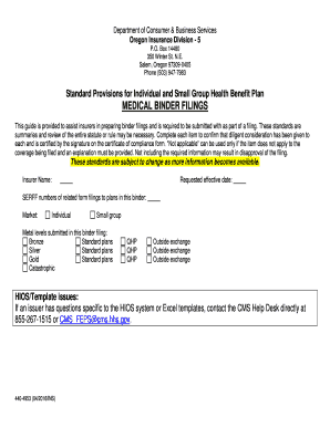 Form 4953, Standard Provisions For Individual And Small Group Health Benefit Plans For Plan Filings Effective On Or After 1/1/2014, Form # 440-4953, rev. 10/12. Rates &amp