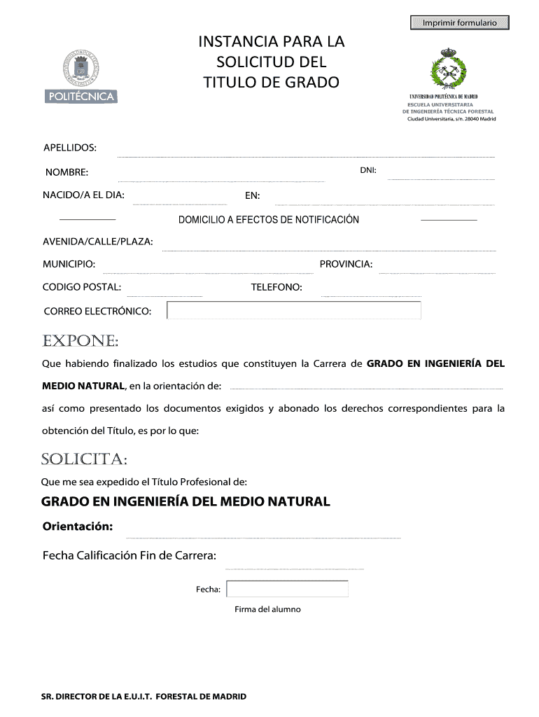 INSTANCIA PARA LA SOLICITUD DEL TITULO DE GRADO Vista previa en la página 1