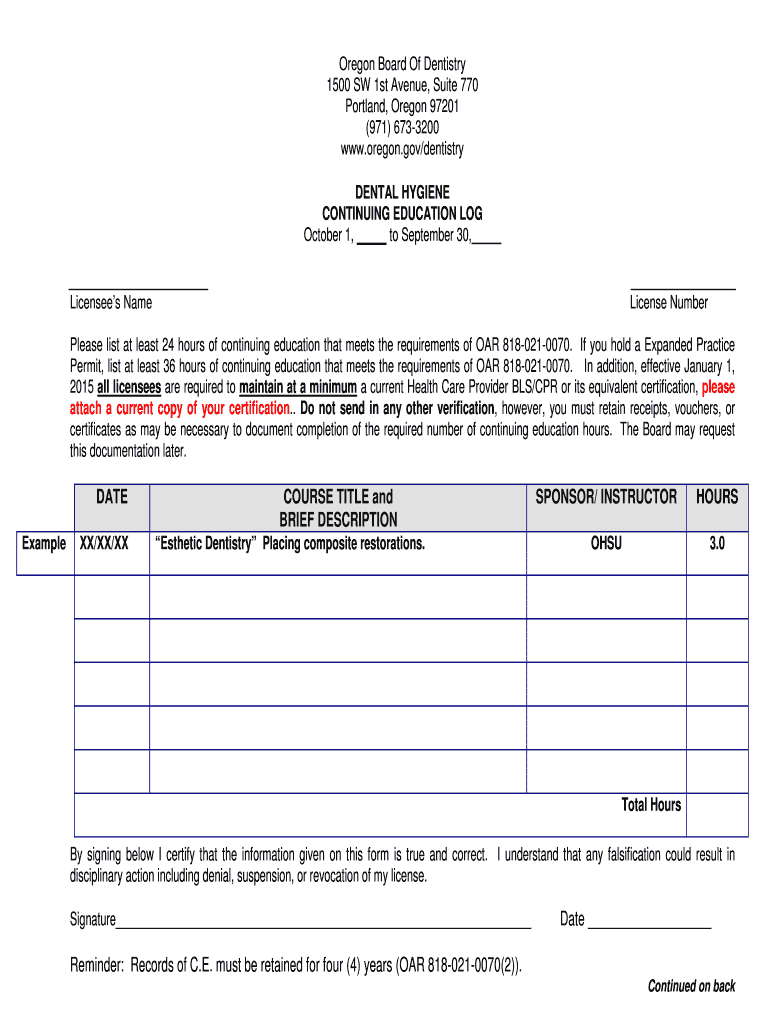 Fillable Online oregon Dental Hygiene Continuing Education Log Oregon