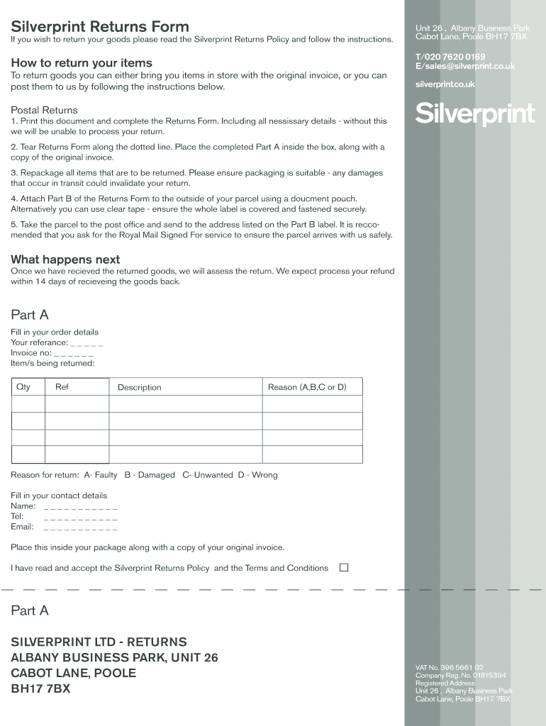 Fillable Online Silverprint Returns Form Fax Email Print pdfFiller