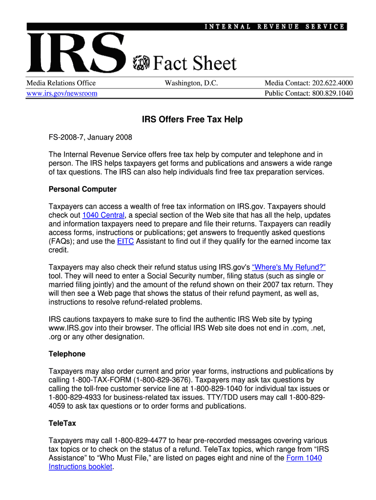 Fillable Online IRS Offers Free Tax Help Fax Email Print - pdfFiller