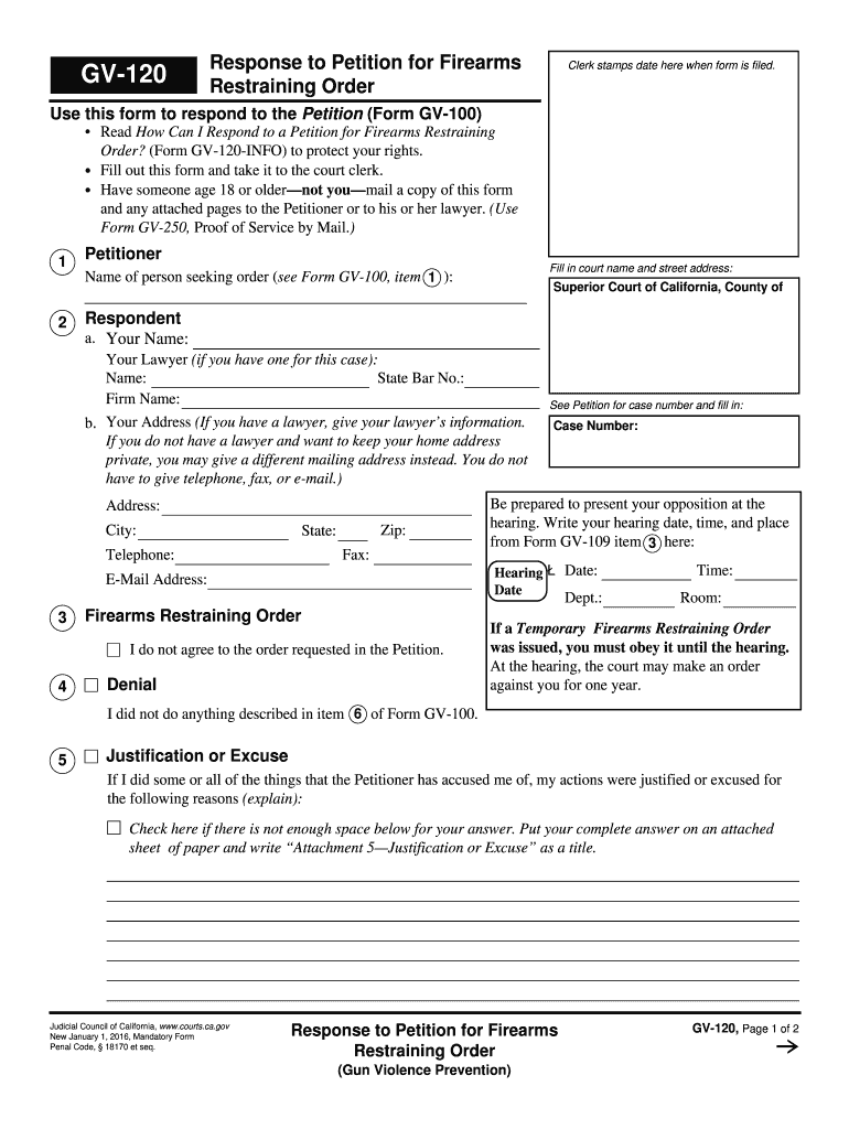 GV-120 Response to Petition for Firearms Restraining Order - courts ca Preview on Page 1