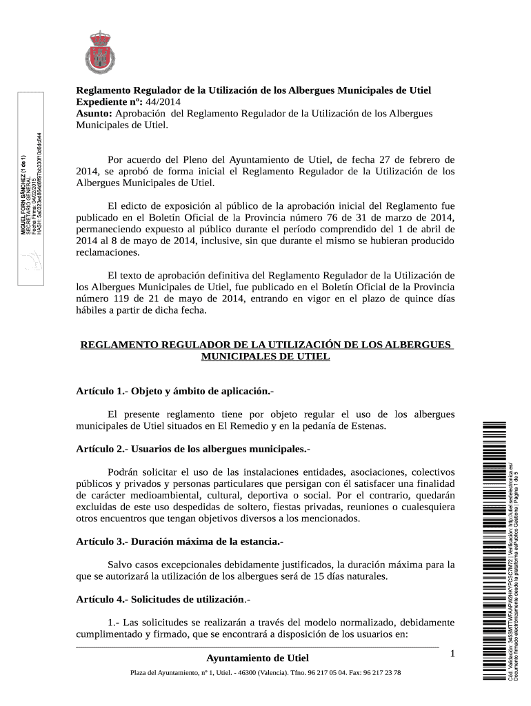 Reglamento de Utilizacin de los Albergues Municipales de Utiel Vista previa en la página 1