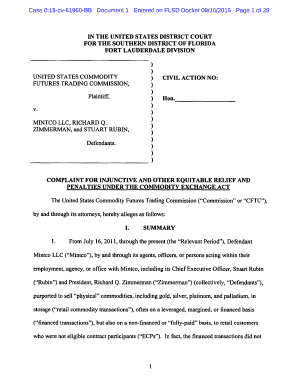 Complaint Complaint for Injunctive and Other Equitable Relief Restitution and Civil Monetary Penalties Under the Commodity Exchange Act against Mintco LLC Stuart Rubin and Richard Q Zimmerman 0 - cftc