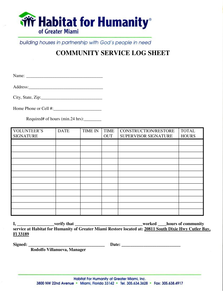 Community Service Log Sheet Fill Online, Printable, Fillable, Blank