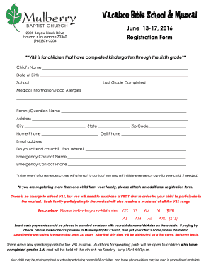 VBS Registration Form - Mulberry Baptist Church - mulberrychurch