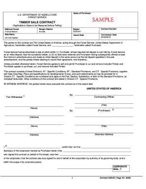 DEPARTMENT OF AGRICULTURE FOREST SERVICE SAMPLE TIMBER SALE CONTRACT (Applicable to Sales to be Measured before Felling) Region Southern Ranger District Enoree Contract Number Award Date National Forest Francis Marion Sale Name Termination