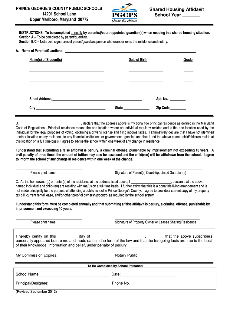 Shared Housing Form Pgcps Fill Online Printable Fillable Blank
