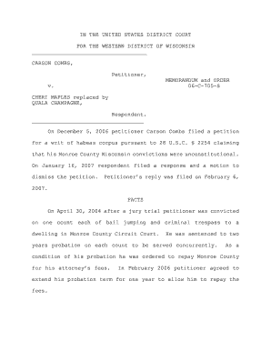 IN THE UNITED STATES DISTRICT COURT FOR THE WESTERN DISTRICT OF WISCONSIN CARSON COMBS, Petitioner, MEMORANDUM and ORDER 06C705S v