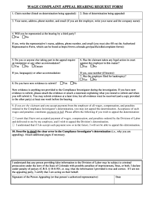 Wage Complaint Appeal Hearing Request Form - colorado