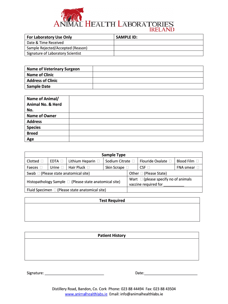 Fillable Online animalhealthlabs For Laboratory Use Only SAMPLE ID
