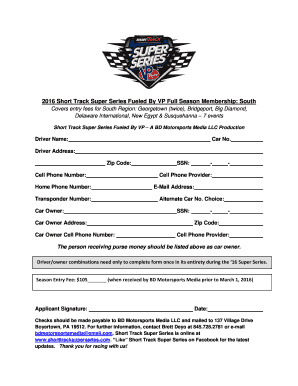 Financial consulting agreement - 2016 Short Track Super Series Fueled By VP Full Season Membership: South Covers entry fees for South Region: Georgetown (twice), Bridgeport, Big Diamond, Delaware International, New Egypt &amp