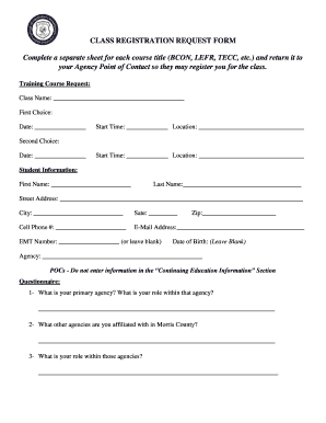 Class bRegistrationb Request bFormb - Morris County bNJb