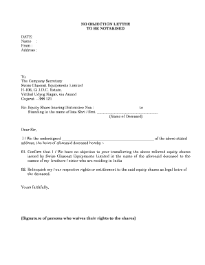 Fillable Online NO OBJECTION LETTER TO BE NOTARISED DATE: Name : From ...