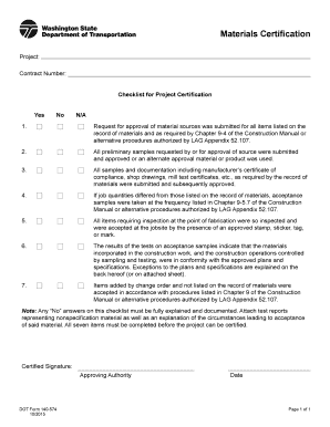 WSDOT 140-574 Materials Certification