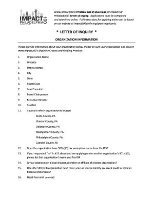 Below please find a Printable List of Questions for Impact100 Philadelphias Letter of Inquiry