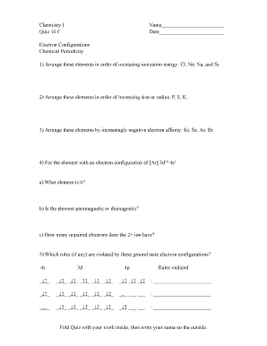 Chemistry I Name Quiz 10 f Date Chemical Periodicity