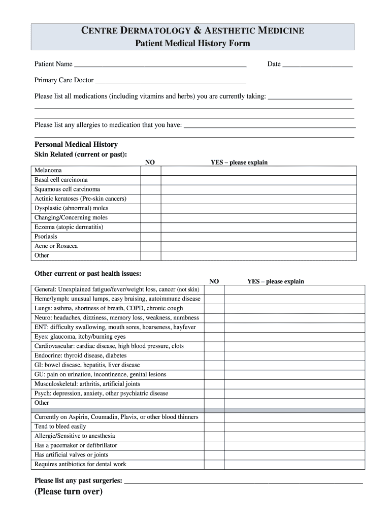 dermatology history form Preview on Page 1