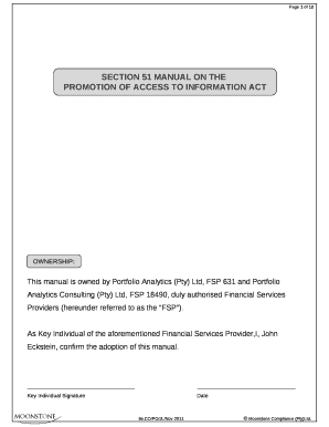 Certificate of promotion sample - Page 1 of 12 SECTION 51 MANUAL ON THE PROMOTION OF ACCESS TO INFORMATION ACT OWNERSHIP: This manual is owned by Portfolio Analytics (Pty) Ltd, FSP 631 and Portfolio Analytics Consulting (Pty) Ltd, FSP 18490, duly authorised Financial - - -