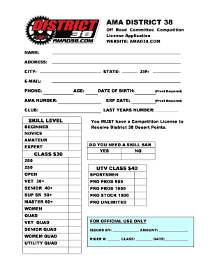 AMA District 38 Off Road Competition License Application