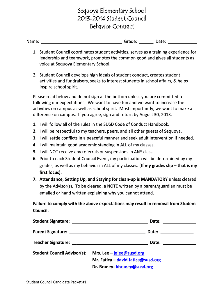 Sequoya Elementary School Behavior Contract 20-20 - Fill and Regarding good behavior contract templates