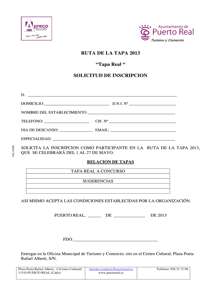 RUTA DE LA TAPA 2013 Tapa Real SOLICITUD DE INSCRIPCION Vista previa en la página 1