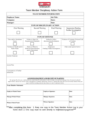 Employee disciplinary write up form - Team Member bDisciplinary Action Formb - Mission Yogurt Inc - missionyogurt