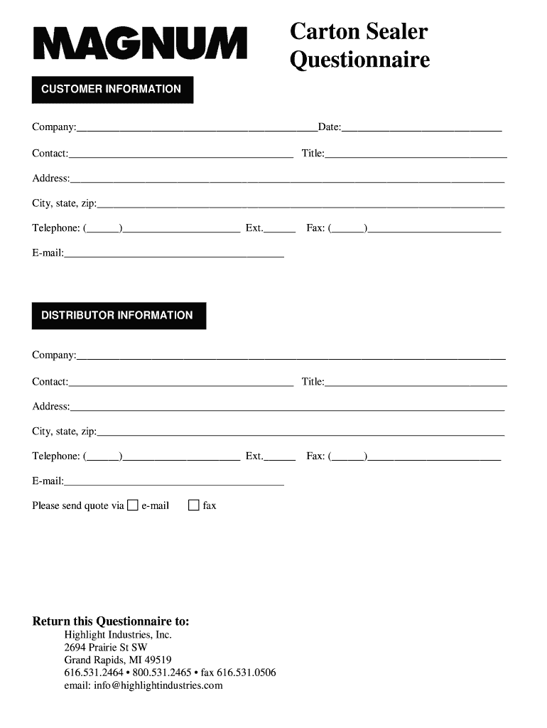 Fillable Online Carton Sealer Questionnaire Highlight Industries Fax