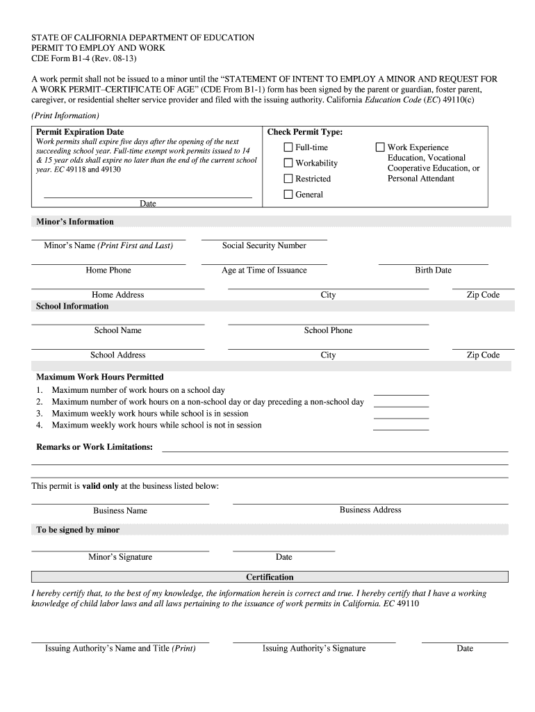 STATE OF CALIFORNIA DEPARTMENT OF EDUCATION PERMIT TO EMPLOY AND WORK CDE Form B14 (Rev - redwoodcre Preview on Page 1