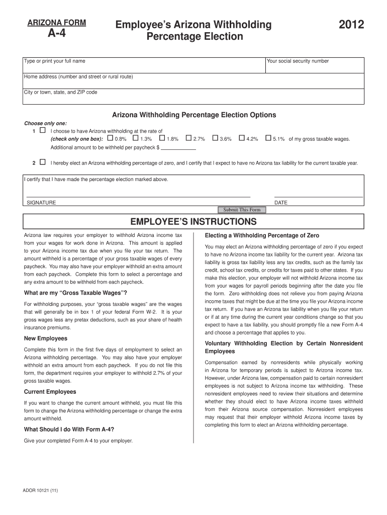 Fillable Online ARIZONA FORM 2012 Employees Arizona Withholding