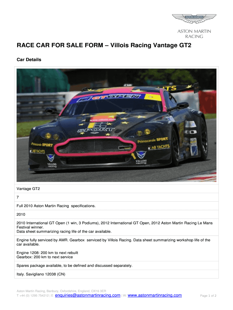Fillable Online RACE CAR FOR SALE FORM Villois Racing Vantage GT2 Car ...