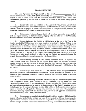 How to write loan agreement - LOAN AGREEMENT This Loan Agreement (the Agreement) is dated as of and is between NBCUniversal Media, LLC (NBCUniversal) and (Station) with respect to one or more chairs from the television production entitled The Voice (the Production)