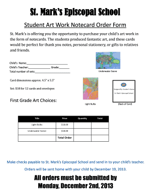 Thank you for your purchase email - Marks is offering you the opportunity to purchase your childs art work in the form of notecards - stmarkspbg