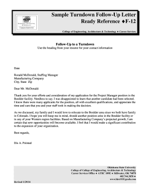 Email template to send resume - Sample Turndown Follow-Up - CEAT Student Services - Oklahoma ... - studentservices okstate