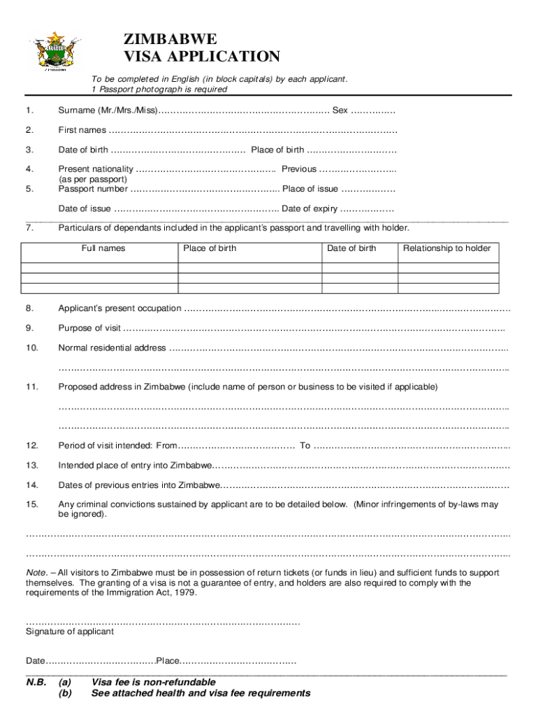 Fillable Online Zimbabwe Visa Application Form Fax Email Print PdfFiller
