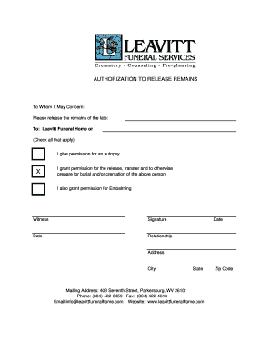 Release Authorization Form - Leavitt Funeral Home