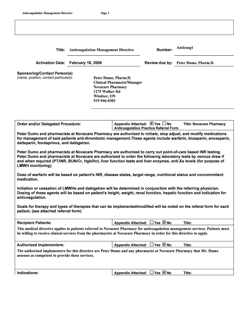 Fillable Online novacare The Anticoagulation Management Directive... Novacare Pharmacy Fax