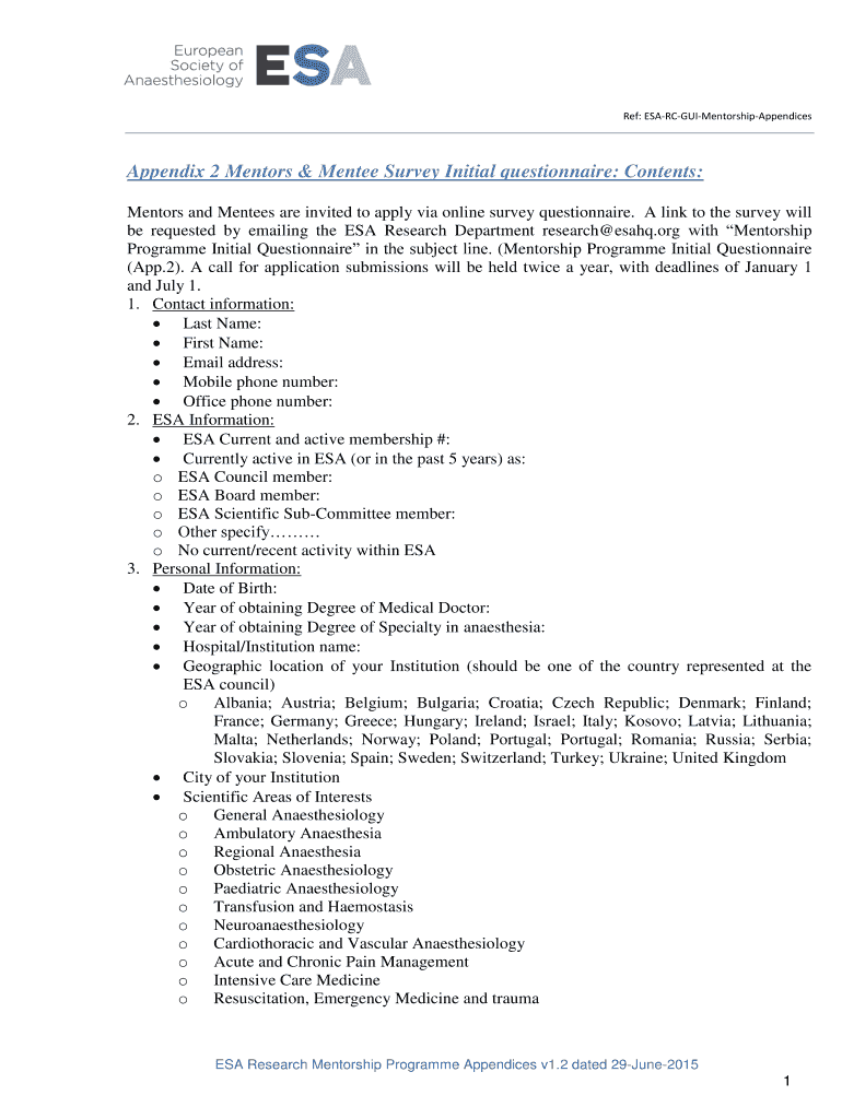 Fillable Online esahq Appendix 2 Mentors amp Mentee Survey Initial ...