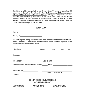 Complete the affidavit below if there is no Oklahoma course offered within 70 miles of your residence - ok