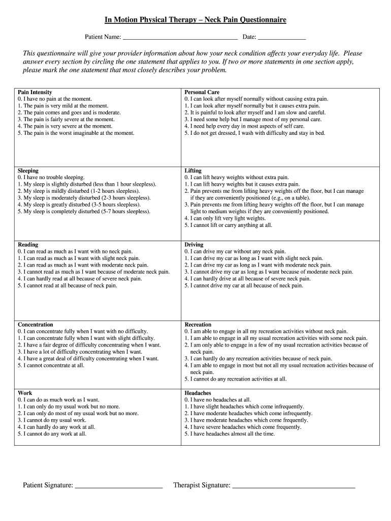 Fillable Online In Motion Physical Therapy Neck Pain Questionnaire Fax