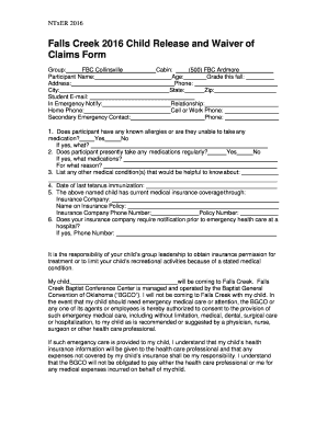 Falls Creek 2016 Child Release and Waiver of Claims Form