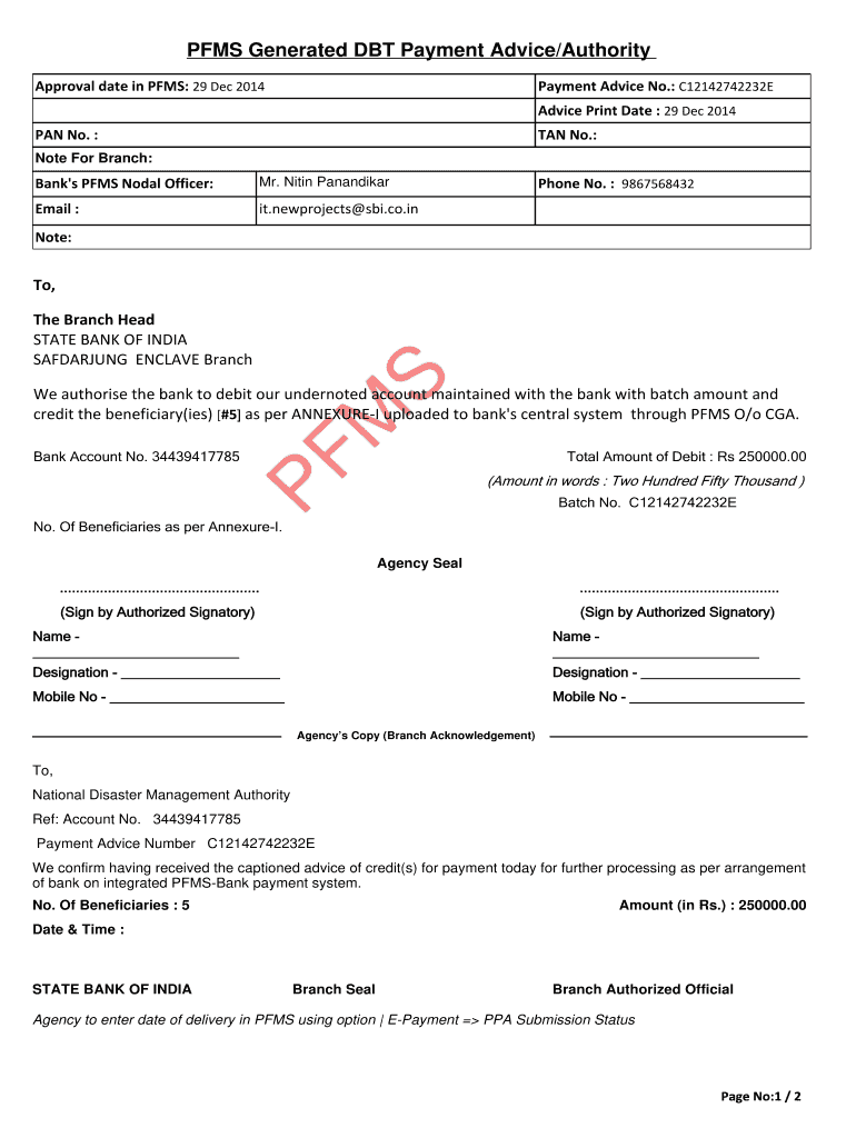 PFMS DBT Payment Advice Blank Fillable Template Fill Out Print PFMS DBT Payment Advice Blank Fillable Template Fill Out Print