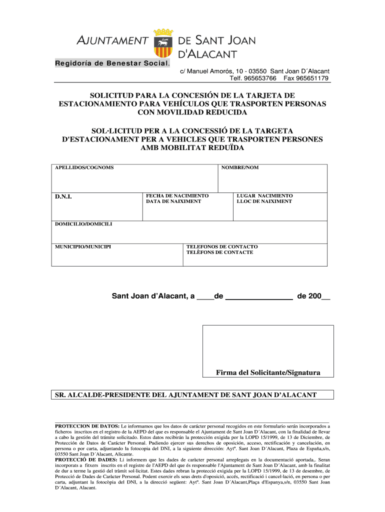 Fillable Online santjoandalacant SOLICITUD PARA LA CONCESIN DE LA TARJETA DE ESTACIONAMIENTO