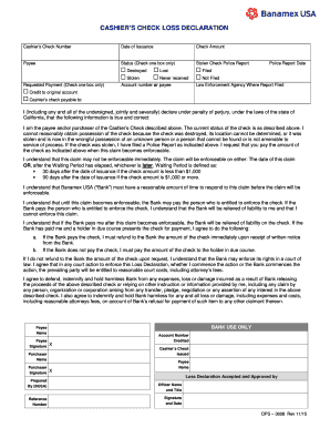 CASHIERS CHECK LOSS DECLARATION - Banamex USA