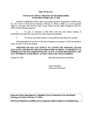 BMC FUND INC NOTICE OF ANNUAL MEETING OF SHAREHOLDERS TO