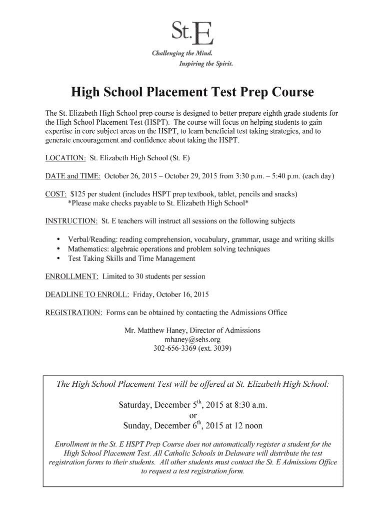 Fillable Online sehs High School Placement Test Prep Course St